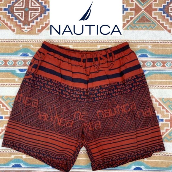 Nautica 90s Retro Spellout Red Black Swim Trunks M - Picture 1 of 4